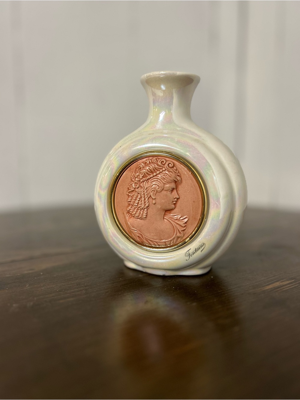 Vintage Italian Iridescent White Round Mini Vase with Terracotta Medallion